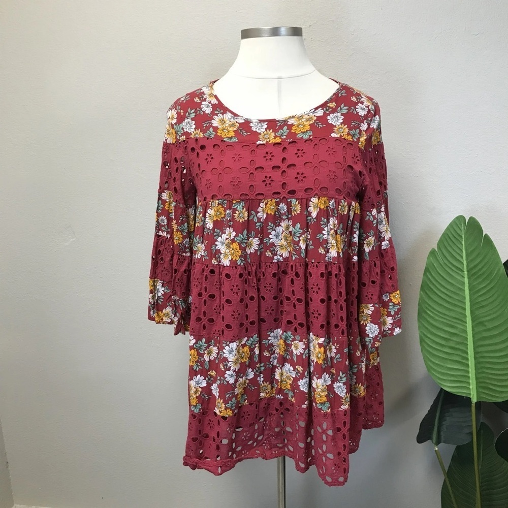 Umgee Red Floral Eyelet Tunic Dress - Size Medium